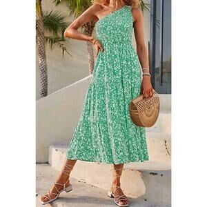 One Shoulder Boho Maxi Dress Womens M Smocked Ruffle Floral Sleeveless Green